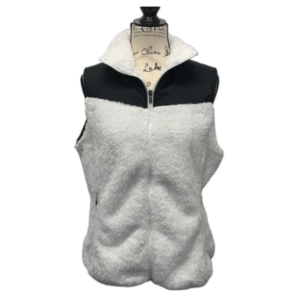 Columbia Puffer Vest Faux White Fur Black Jacket L